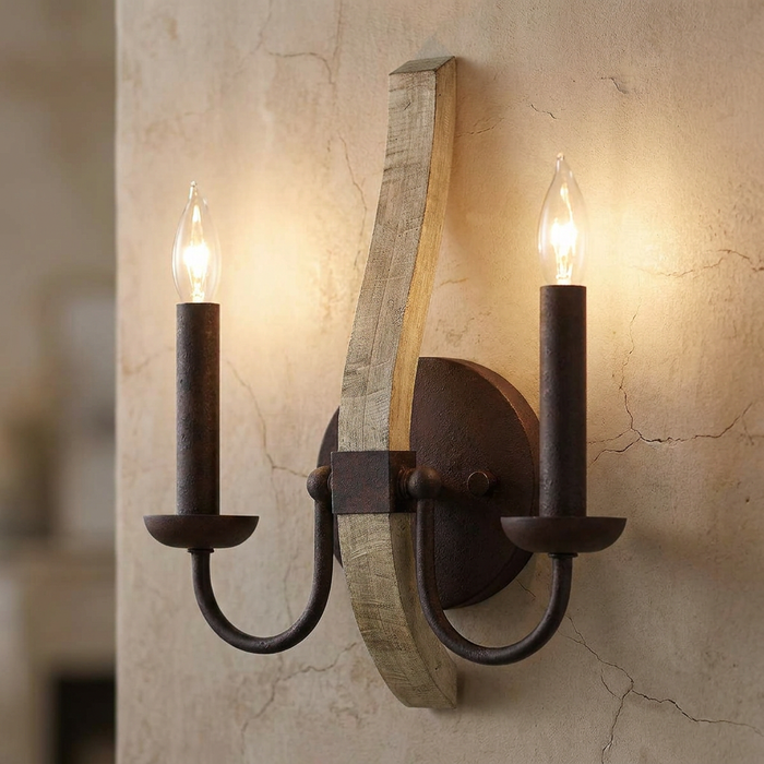 Rustic two-light wall sconce with distressed wood and dark iron finish on a textured beige wall.
