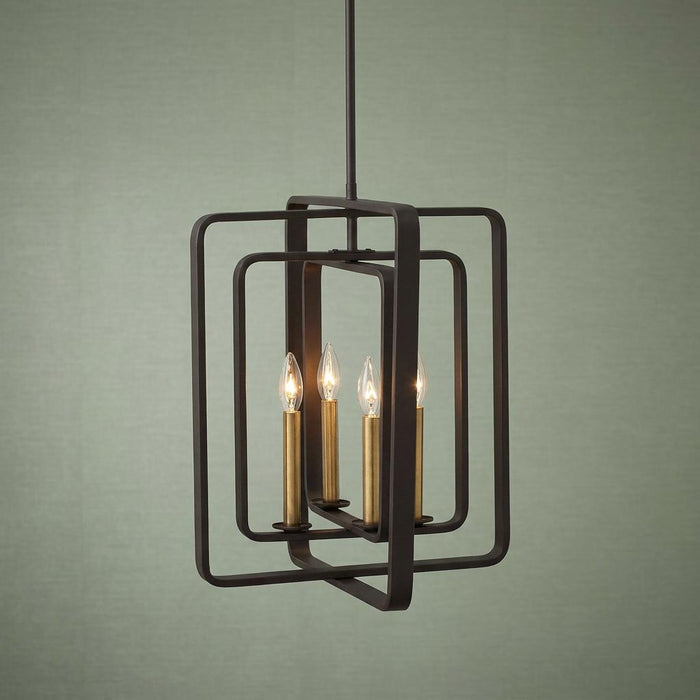 Hinkley Quentin bronze pendant light with a nested geometric frame and four brass candle bulbs.