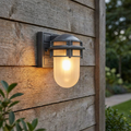 Hinkley Reef Hematite Mini Outdoor Wall Light with frosted glass, mounted on a weathered wooden wall.