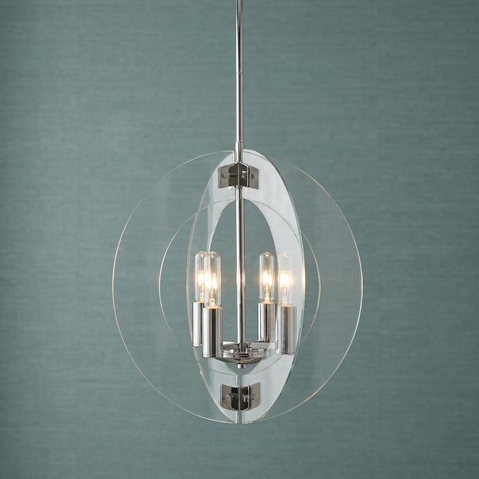 Polished chrome pendant light featuring intersecting clear acrylic circles and four bulbs against a blue wall.
