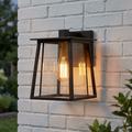 A Hinkley Walker bronze outdoor wall lantern with a warm Edison bulb mounted on a white brick wall.