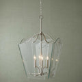 Six-light nickel ceiling lantern with scalloped clear glass panels suspended against a pale green wall.