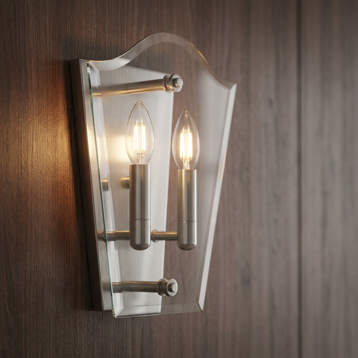 Hinkley Wingate wall sconce featuring a brushed nickel finish and beveled glass shield on a dark wood paneled wall.