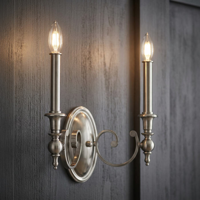 Antique nickel two-light wall sconce with elegant scroll arms and candle bulbs mounted on a dark textured wood wall.