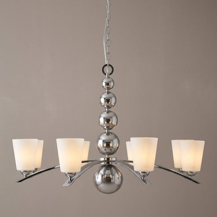 Hinkley Zelda 8-light polished nickel chandelier with frosted glass shades and a stacked sphere central stem.