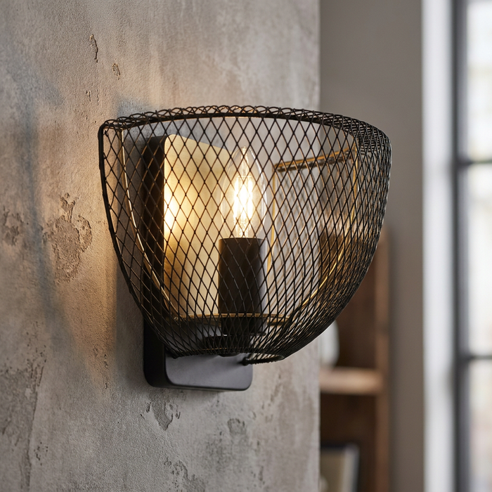 Black and gold honeycomb mesh wall light with a glowing candle bulb mounted on a textured grey wall.