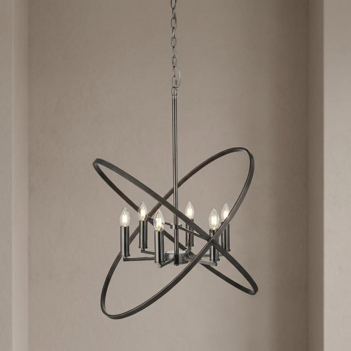 Pewter pendant ceiling light with six candle bulbs inside two intersecting metal hoops.