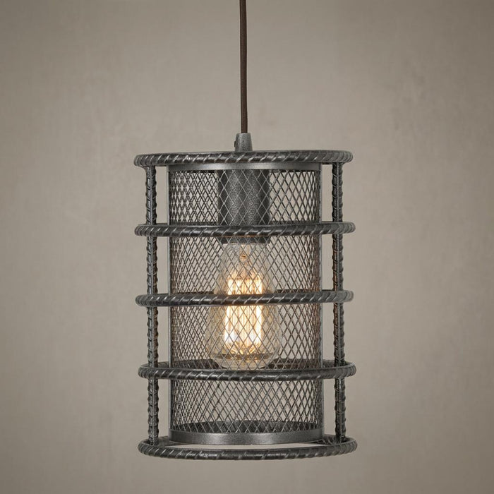 Industrial silver brushed black pendant light featuring a cylindrical mesh inner shade and a rebar-style outer cage.