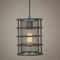 Industrial silver brushed black pendant light featuring a cylindrical mesh inner shade and a rebar-style outer cage.