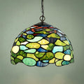 Hydrangea Tiffany pendant light featuring a green and blue stained glass dome shade on a hanging chain.