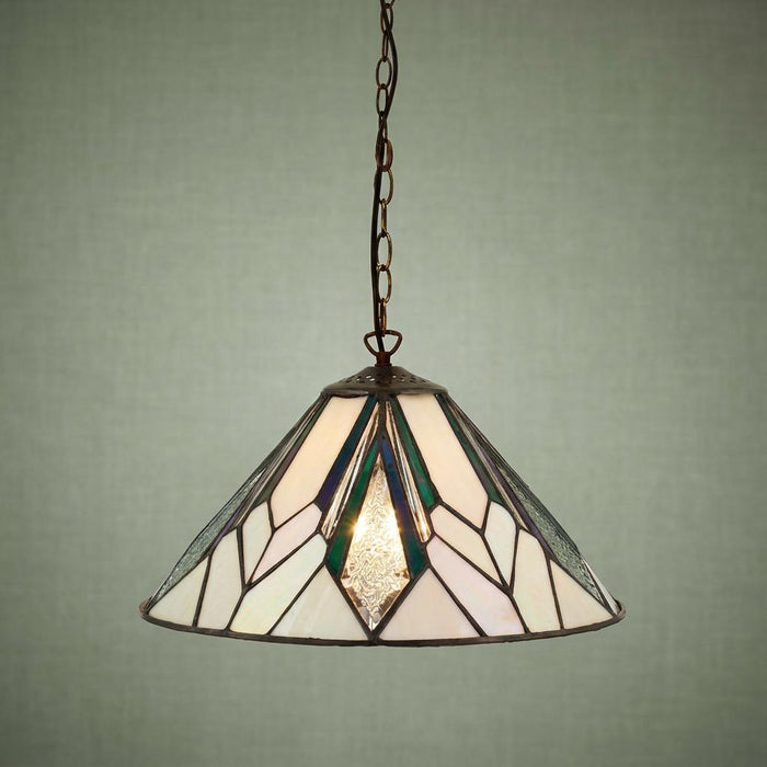 Art Deco Tiffany pendant light featuring white and green geometric stained glass panels.