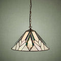 Art Deco Tiffany pendant light featuring white and green geometric stained glass panels.