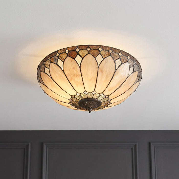 Interiors 1900 Brooklyn Medium Tiffany flush ceiling light with cream petal patterned glass shade.