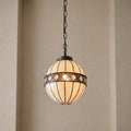 Art Deco Tiffany globe ceiling light with white glass panels and a decorative diamond band.