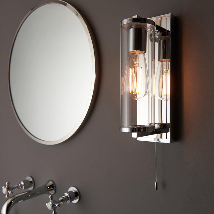 islington chrome art deco bathroom wall light glass shade Close Up Lit Image