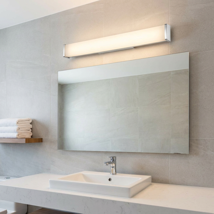 A long, horizontal bathroom wall light with a chrome finish and frosted diffuser mounted above a vanity mirror.