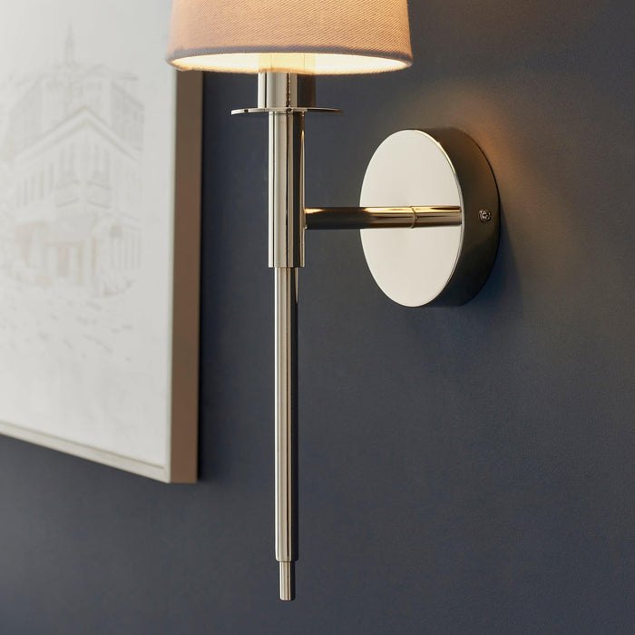 kensington nickel art deco wall light white shade Close Up Lit Image