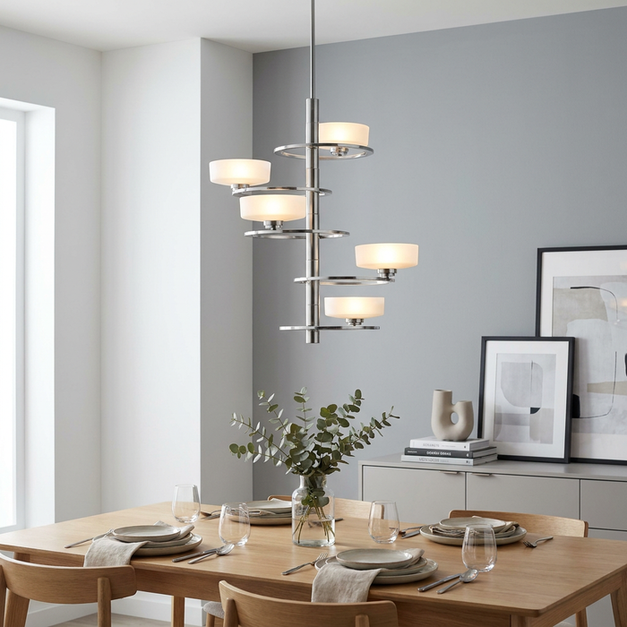 Kichler Aleeka 5-light pewter chandelier with opal glass shades hanging over a wooden dining table in a modern home.