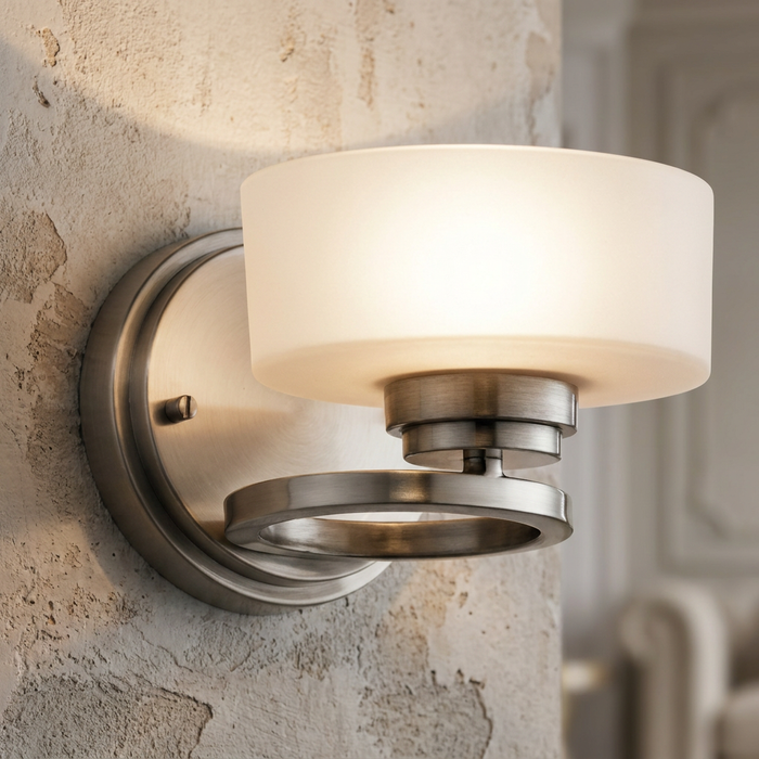 Kichler Aleeka pewter wall light featuring a frosted glass shade and decorative ring on a rustic textured wall.
