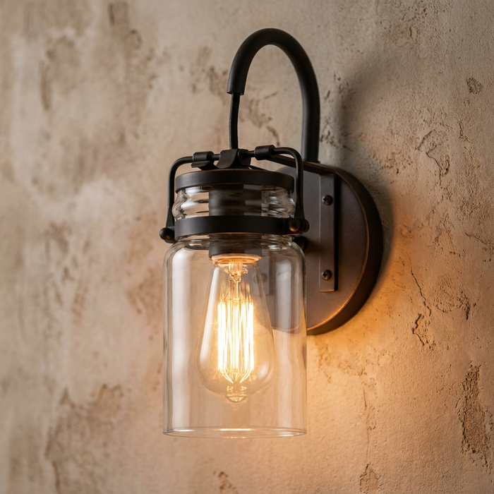 Kichler Brinley wall light featuring a clear glass jar shade and Edison bulb on a textured plaster wall.