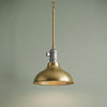 Industrial mini pendant with natural brass dome shade and grey metal socket against a sage green background.