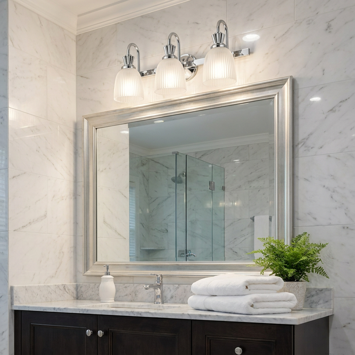 Kichler Cora 3 light polished chrome wall fixture with ribbed glass shades mounted above a large bathroom mirror.