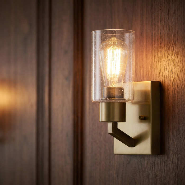 Kichler Deryn 1 light brass wall light with a seeded glass shade and Edison bulb on a wood panel.