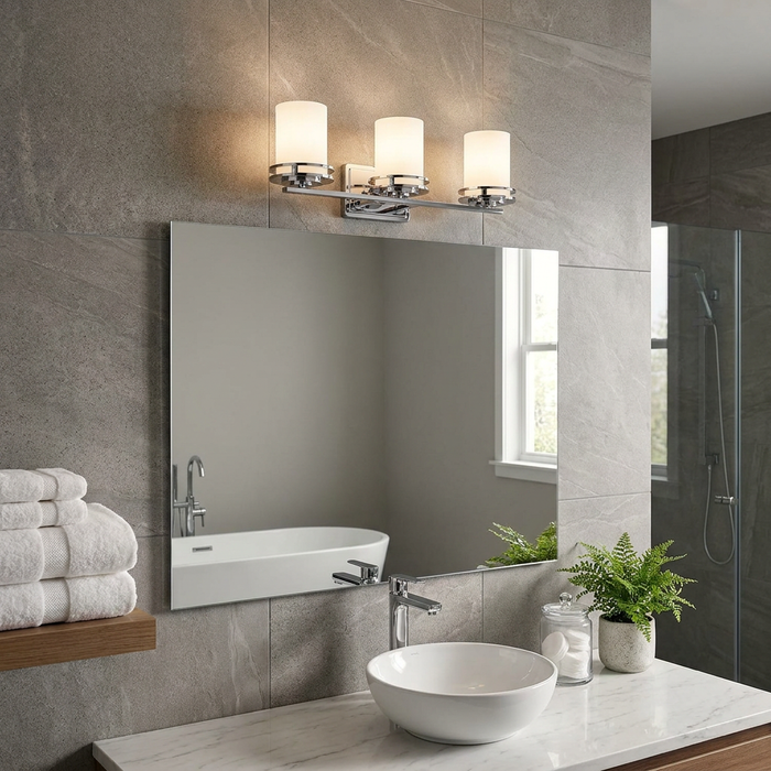 Three-light polished chrome wall fixture with frosted glass shades mounted over a bathroom mirror on a tiled wall.
