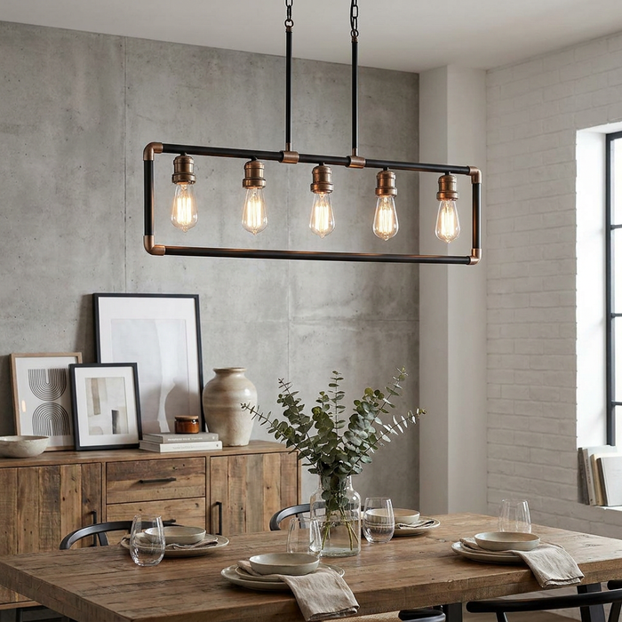 Industrial 5-light linear chandelier in black and brass with Edison bulbs over a rustic wooden dining table.