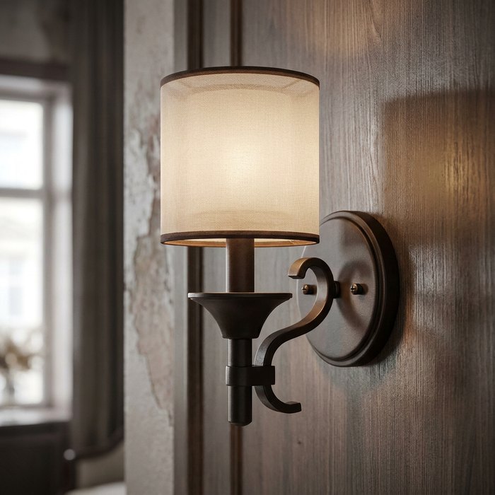 Kichler Lacey mission bronze wall light with a glowing fabric shade, mounted on dark wood paneling.