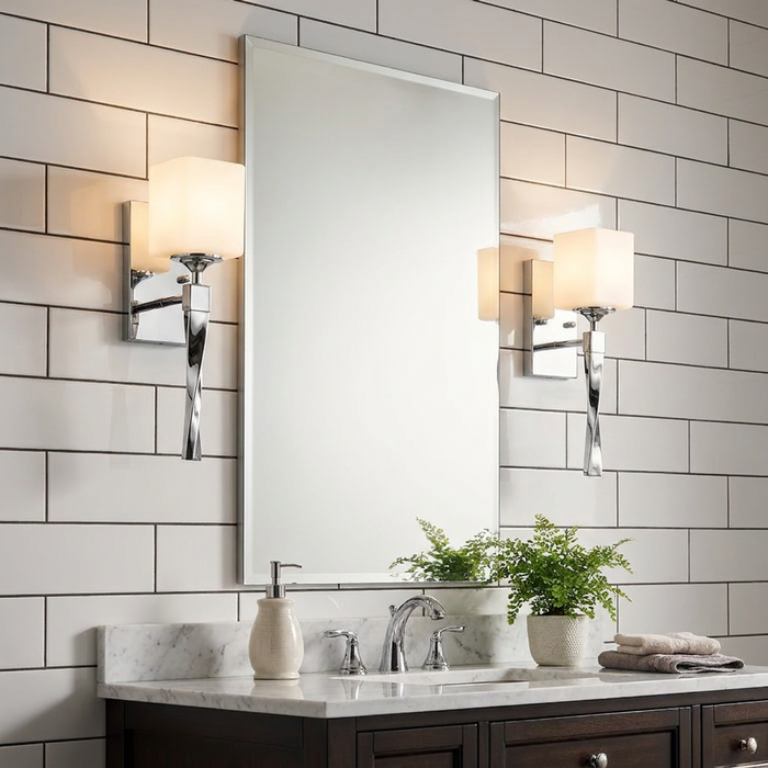 Two chrome bathroom wall sconces with twisted arms and frosted glass shades flanking a bathroom mirror.