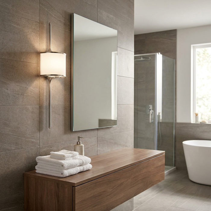 Kichler Mona pewter wall light with a white cylindrical shade on a grey tiled wall next to a bathroom mirror.