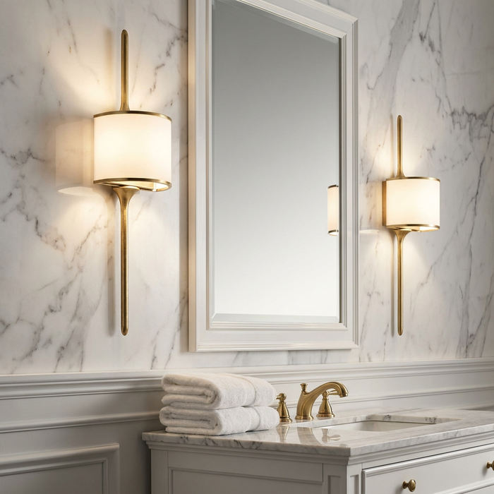 Two Kichler Mona natural brass bathroom wall lights with drum shades flanking a mirror on a marble wall.