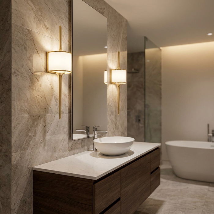 Polished brass wall light with a white drum shade and long vertical finials in a modern marble bathroom setting.