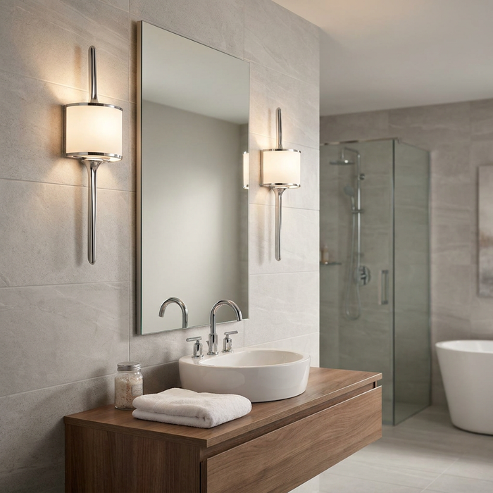 Polished chrome wall lights with cylindrical white shades flanking a bathroom mirror above a wooden vanity.