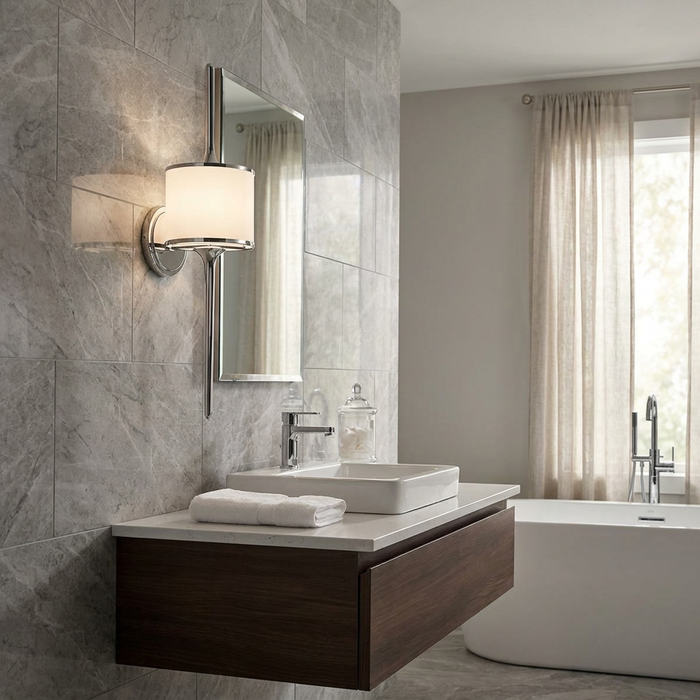Polished chrome wall light with a white drum shade mounted on a gray marble bathroom wall beside a mirror.