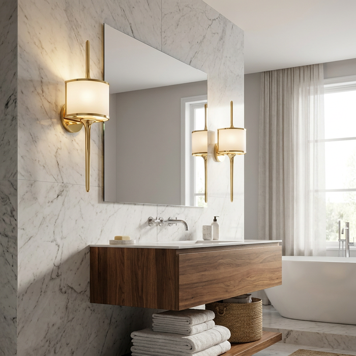 Polished brass wall sconce with a long spike detail mounted on a marble bathroom wall beside a mirror.