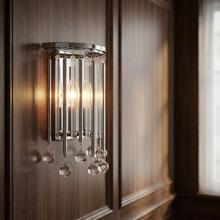 Chrome wall sconce with glass rods and crystal drops glowing on a dark wood-paneled wall.
