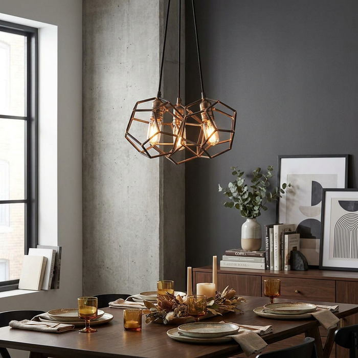 Industrial three-light geometric chandelier in raw steel hanging above a set wooden dining table in a modern room.
