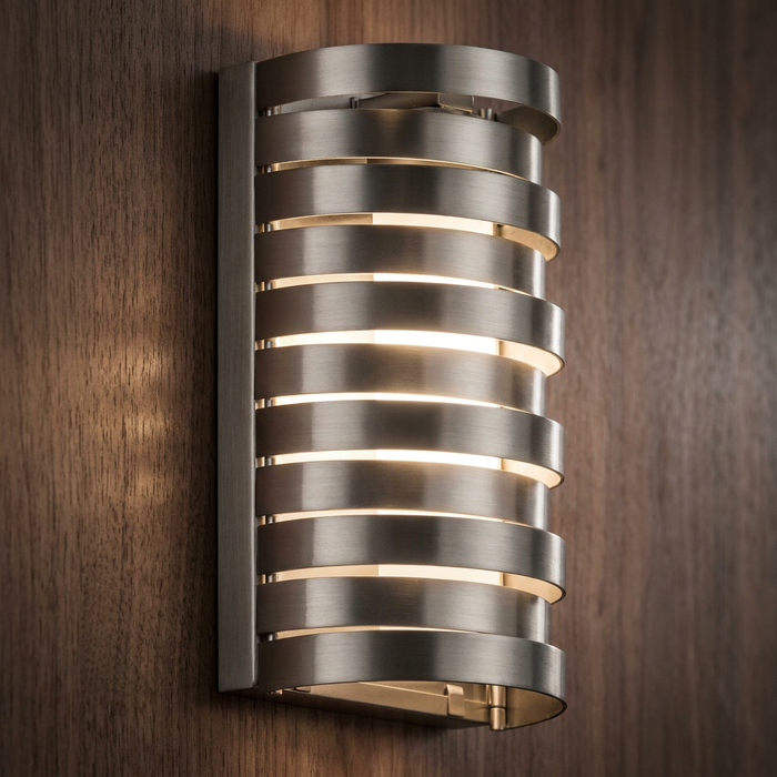Kichler Roswell nickel wall sconce with glowing horizontal metal slats on a wood-paneled wall.