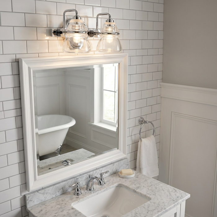 Chrome two-light vanity fixture with clear glass shades above a white-framed bathroom mirror on a subway tile wall.