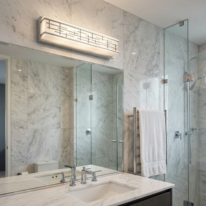 Kichler Zolon chrome wall light with a geometric pattern above a marble bathroom vanity mirror.