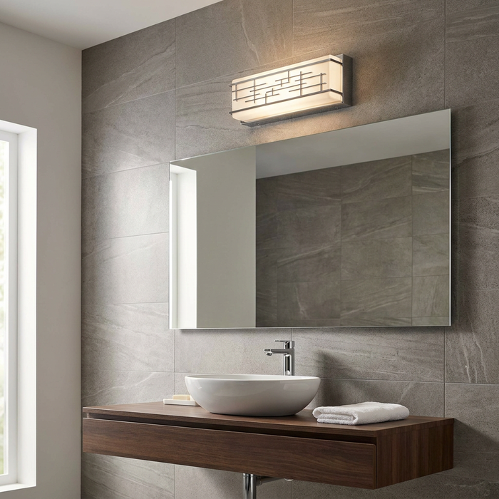 Rectangular chrome bathroom wall light with a geometric pattern, mounted above a large mirror and vessel sink.