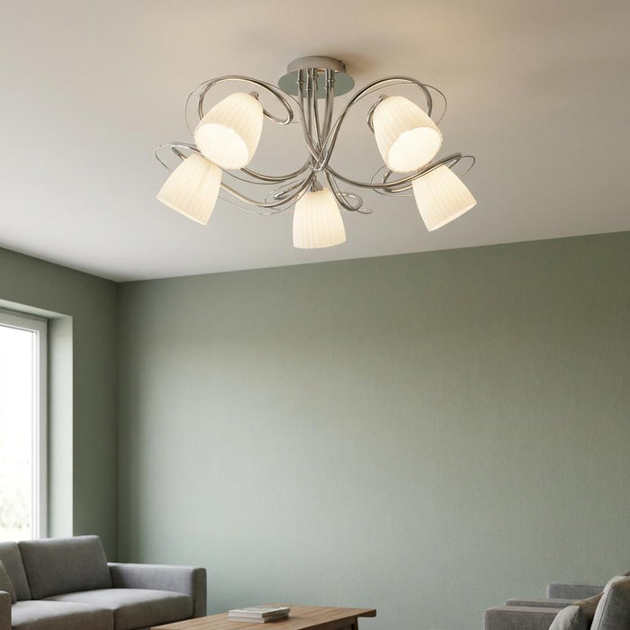 Leke Chrome 5 Light Semi Flush Ceiling Light with curved arms and white ribbed shades in a modern green living room.