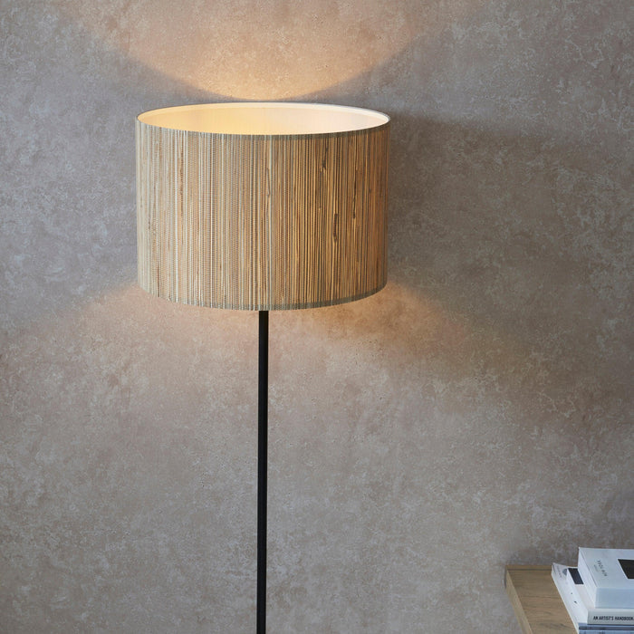 longshore black floor lamp with seagrass shade by Endon Lighting Bedroom Hero Shot