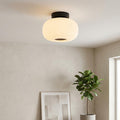 Frosted ribbed glass flush ceiling light with black mount glowing in a minimalist room with a potted plant.