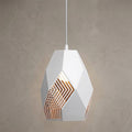 Large Melfi white laser-cut geometric pendant light with gold inner, hanging against a neutral textured wall.