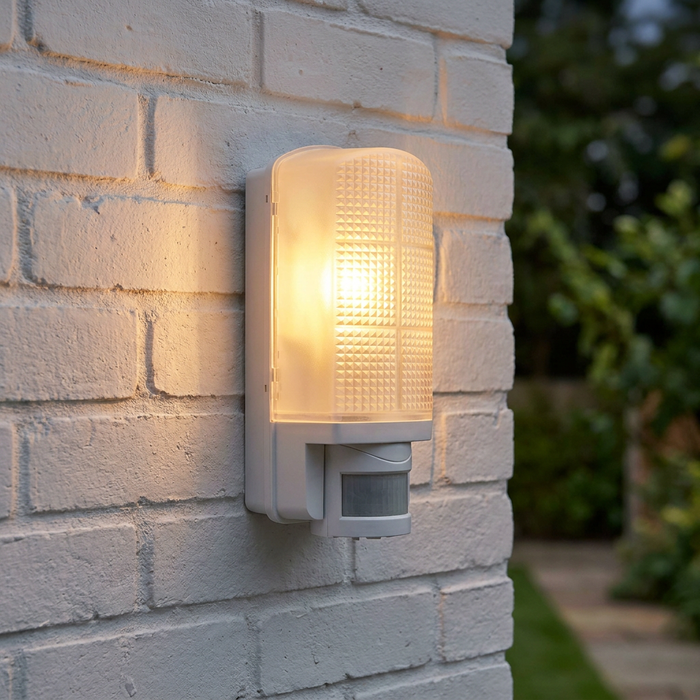 Illuminated white outdoor wall light with integrated PIR motion sensor mounted on a white brick wall.