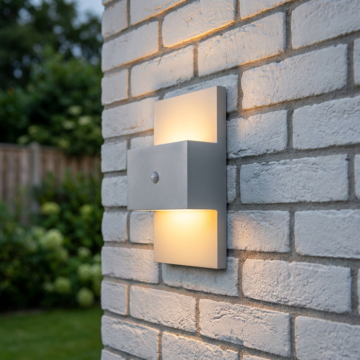 Modern aluminium outdoor wall light with up and down lighting and PIR sensor mounted on a white brick wall.