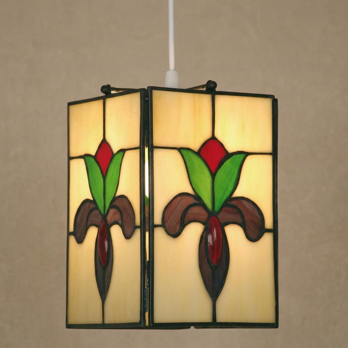 Square Tiffany easy fit ceiling lamp shade with floral stained glass hanging against a plain wall.